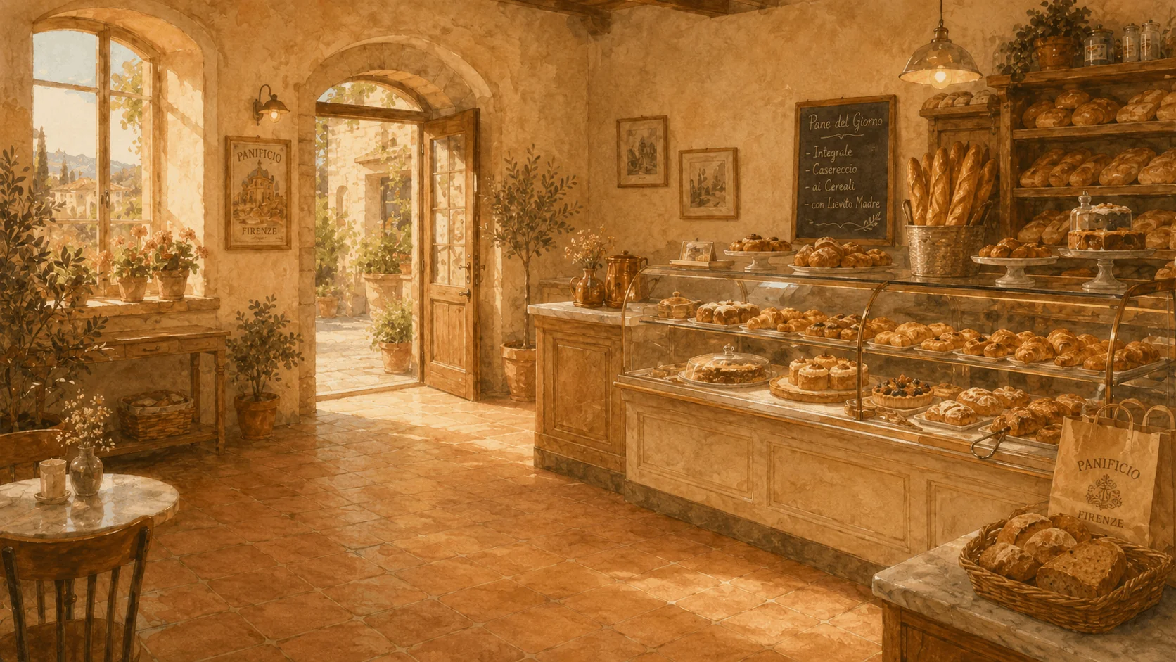A painted bakery: a customer talks to the baker